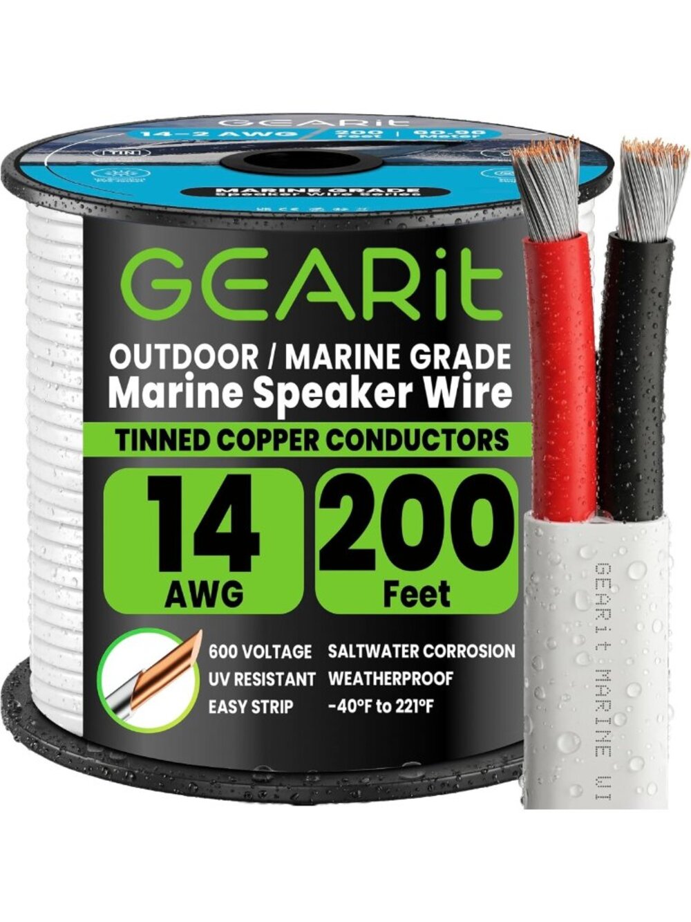 Flexible 14 Gauge Marine Speaker Wire, 200FT Tinned Copper, Waterproof PVC